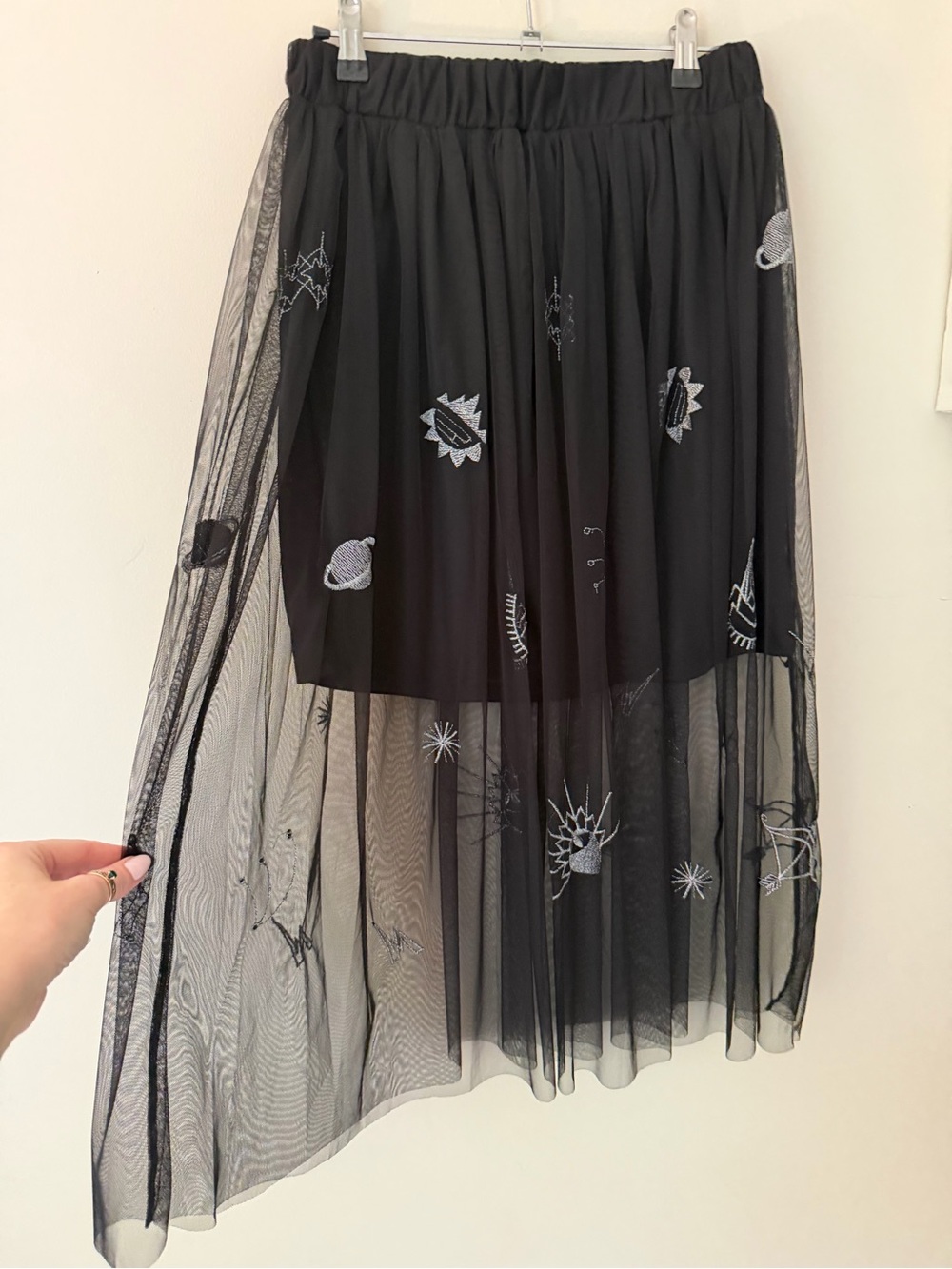 WhimsyGoth Black Midi Skirt with Silver Embroidery